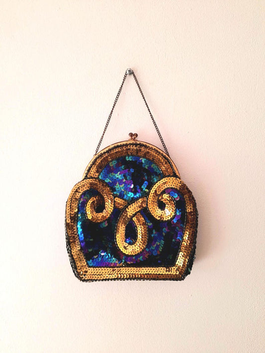 Vintage 1950s Purple Iridescent Gold Squin Clasp Bag