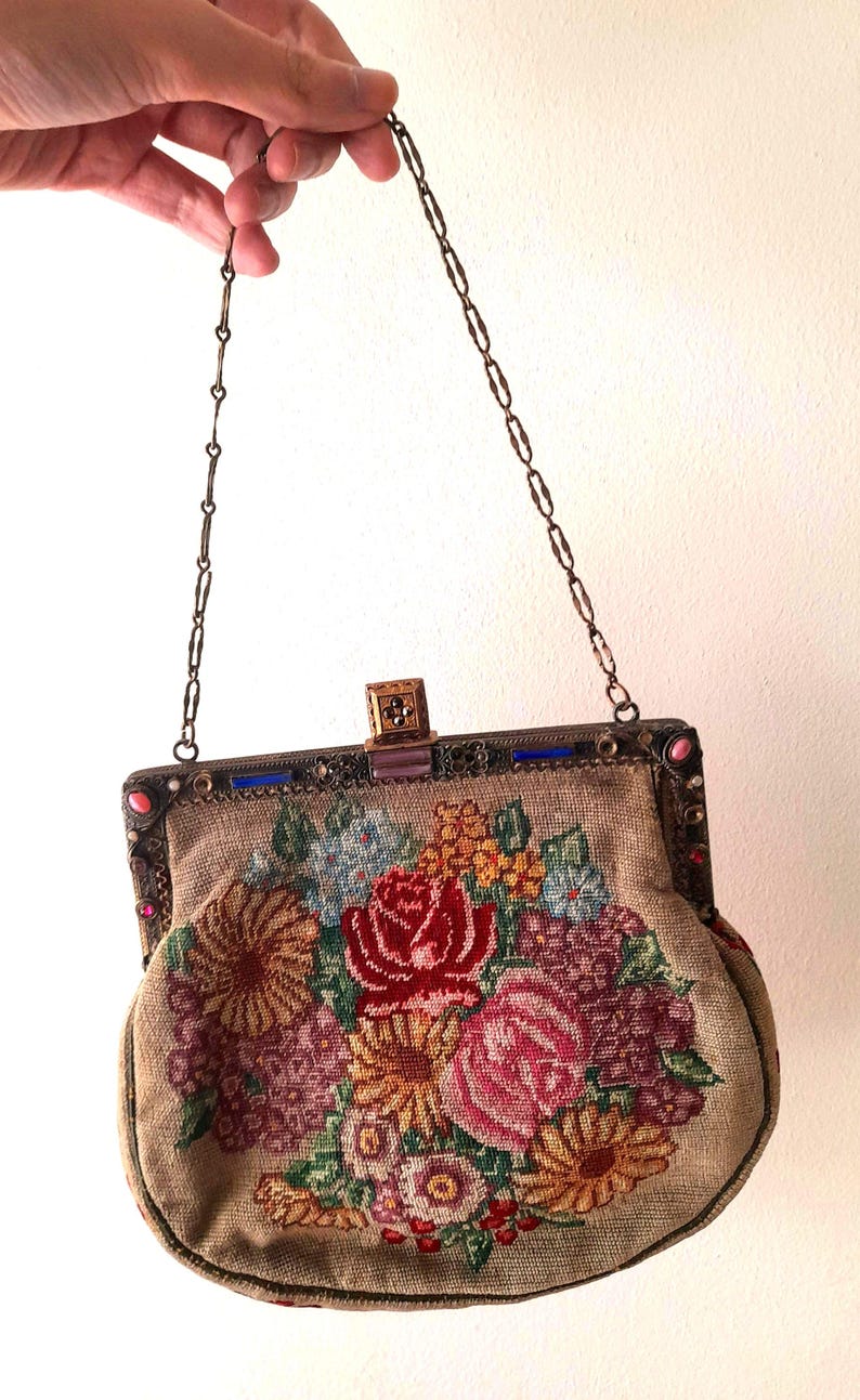 Antique 1930s Tapestry Needlepoint Flower Bag
