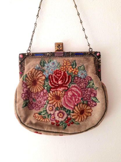 Antique 1930s Tapestry Needlepoint Flower Bag