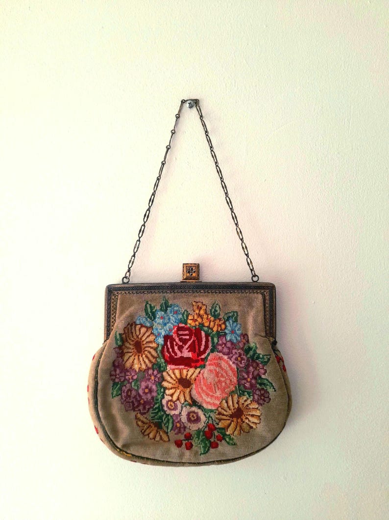 Antique 1930s Tapestry Needlepoint Flower Bag