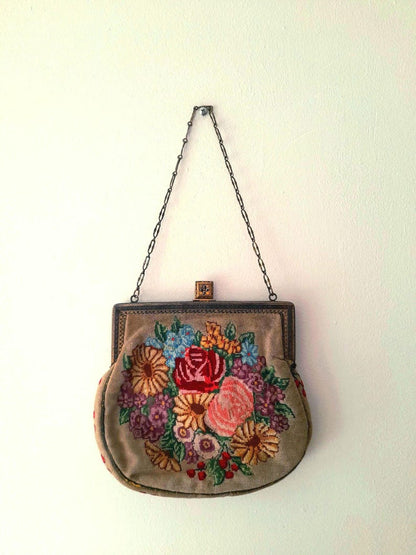 Antique 1930s Tapestry Needlepoint Flower Bag