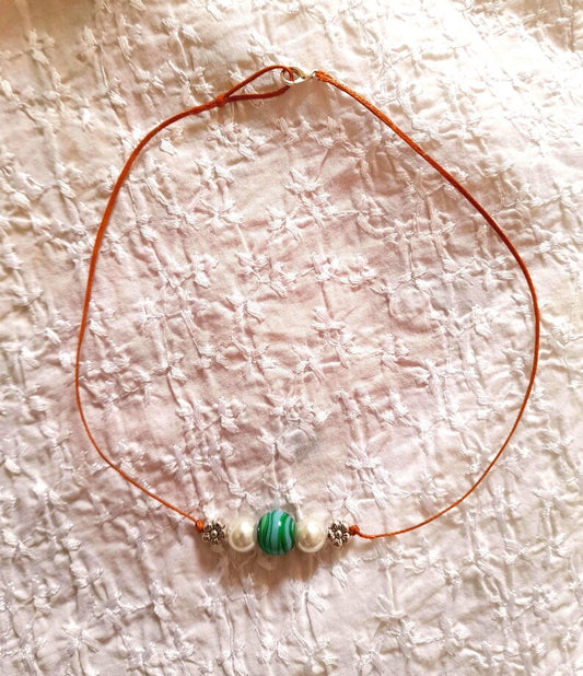 Glass Beaded Silver Flower Fine Wax Cotton Cord Necklace