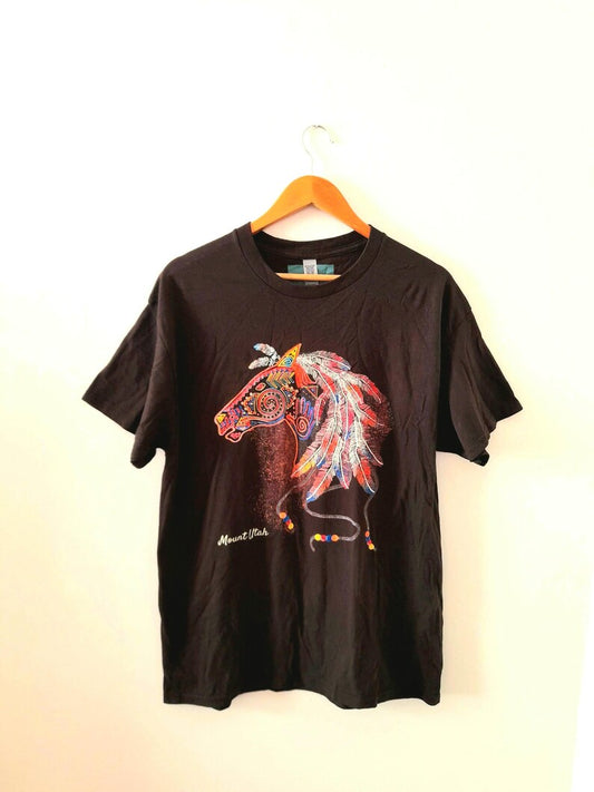 Mount Utah Tribal Horse Brown Cotton Vintage T-Shirt | Size L