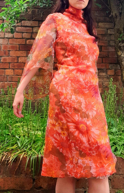 Vintage 1960s Handsewn Floral Floaty Wing Sleeve Chiffon Midi Dress