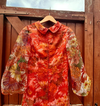 Vintage 1960s Handsewn Floral Floaty Wing Sleeve Chiffon Midi Dress