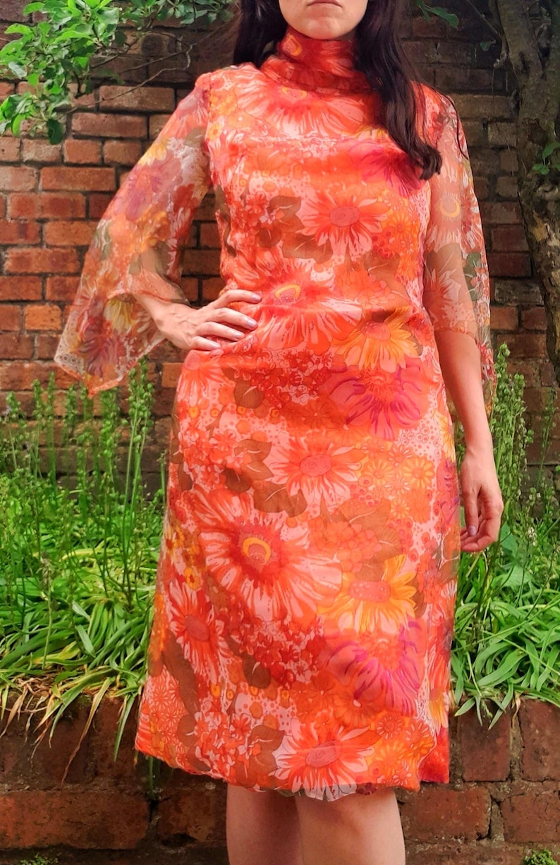 Vintage 1960s Handsewn Floral Floaty Wing Sleeve Chiffon Midi Dress