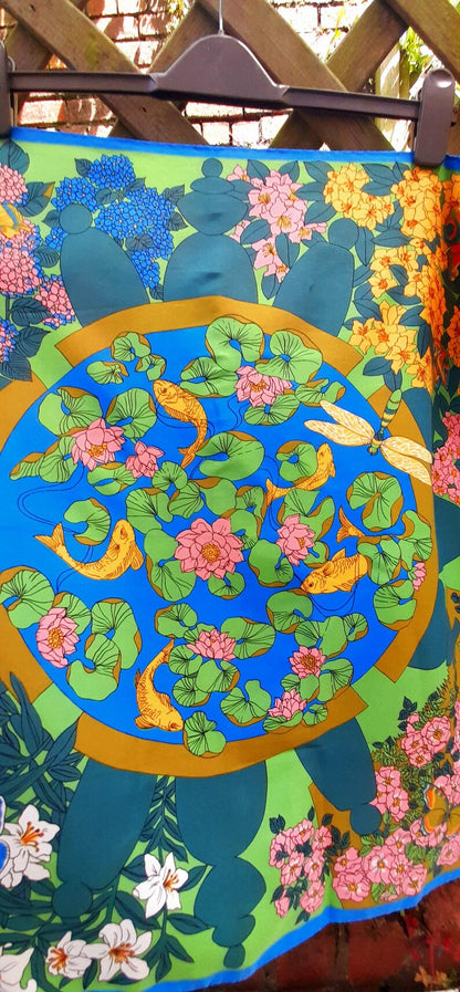 Vintage 70s Courful Fish Pond Nature Print Silky Scarf