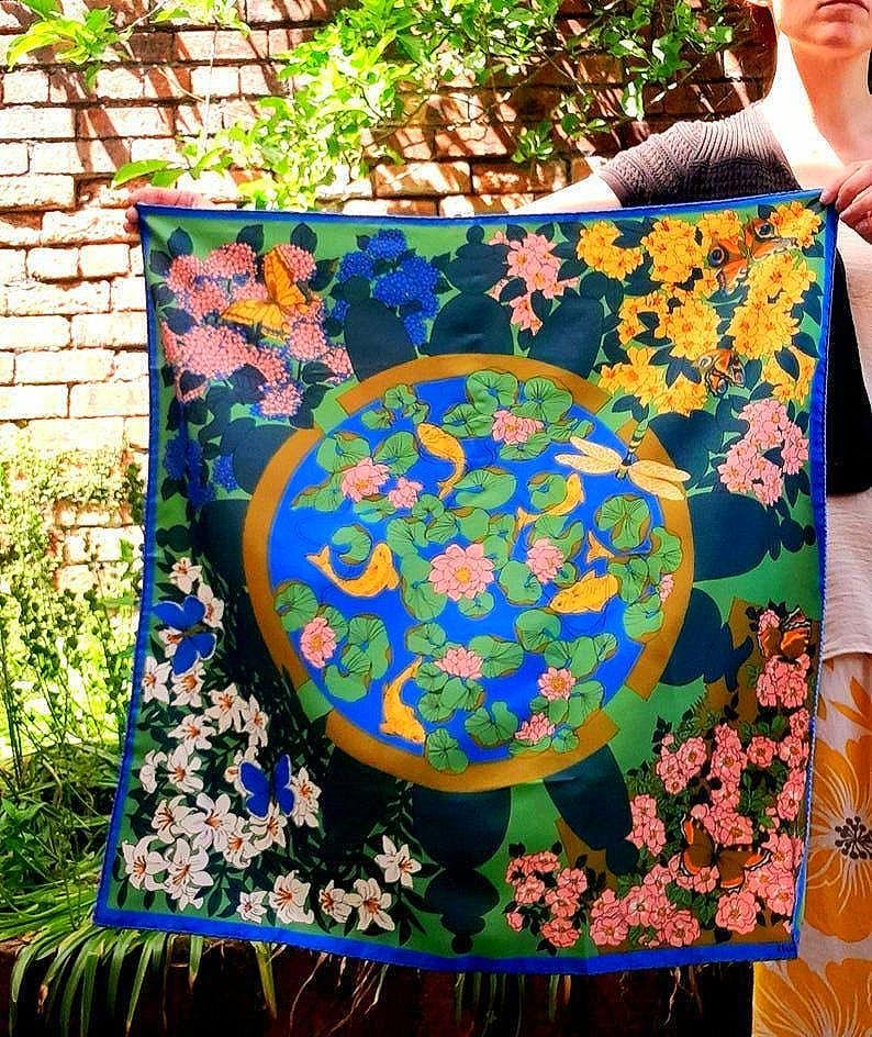 Vintage 70s Courful Fish Pond Nature Print Silky Scarf