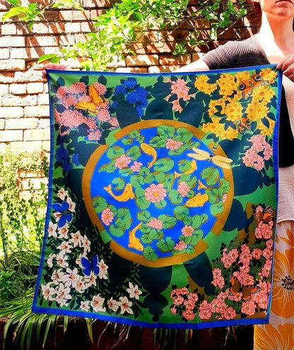 Vintage 70s Courful Fish Pond Nature Print Silky Scarf