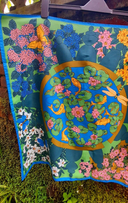 Vintage 70s Courful Fish Pond Nature Print Silky Scarf