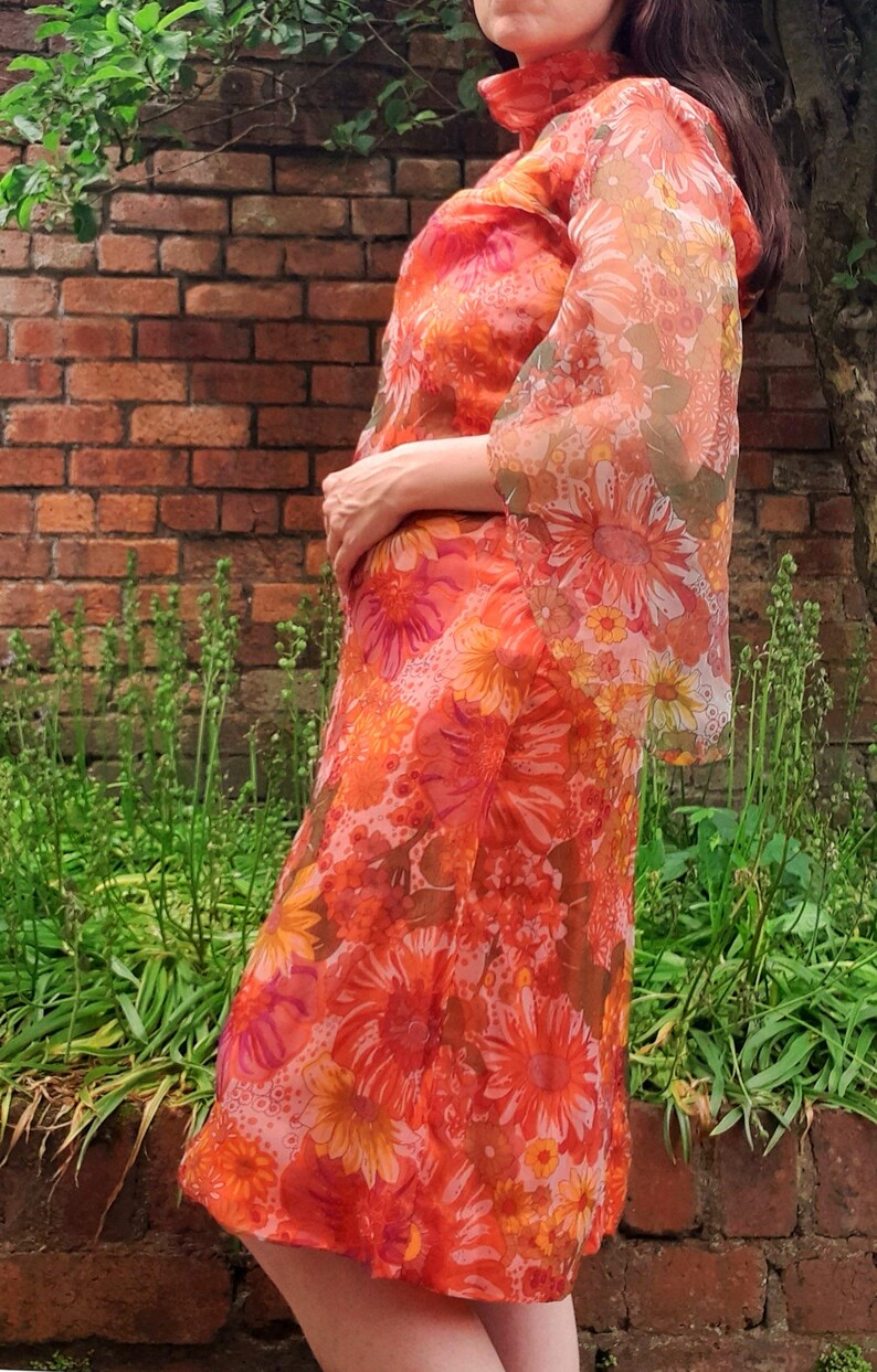 Vintage 1960s Handsewn Floral Floaty Wing Sleeve Chiffon Midi Dress