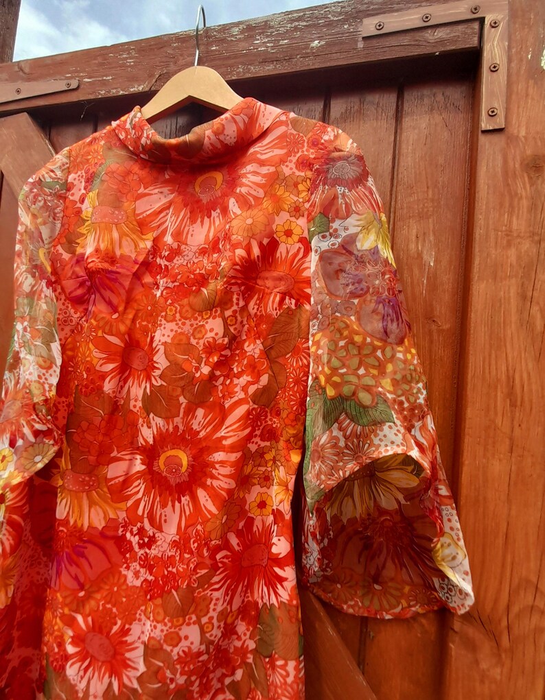 Vintage 1960s Handsewn Floral Floaty Wing Sleeve Chiffon Midi Dress