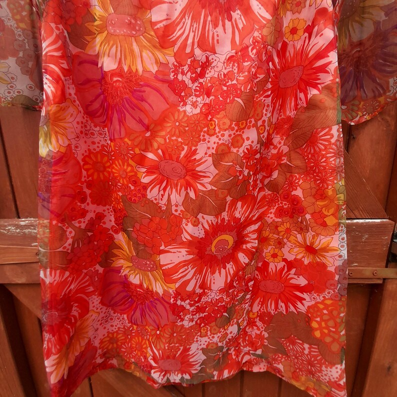 Vintage 1960s Handsewn Floral Floaty Wing Sleeve Chiffon Midi Dress