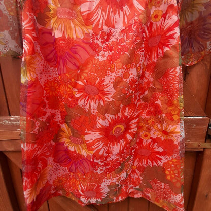 Vintage 1960s Handsewn Floral Floaty Wing Sleeve Chiffon Midi Dress
