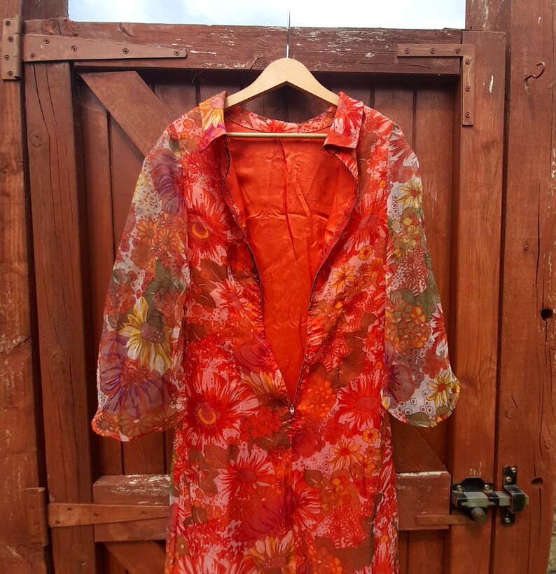 Vintage 1960s Handsewn Floral Floaty Wing Sleeve Chiffon Midi Dress