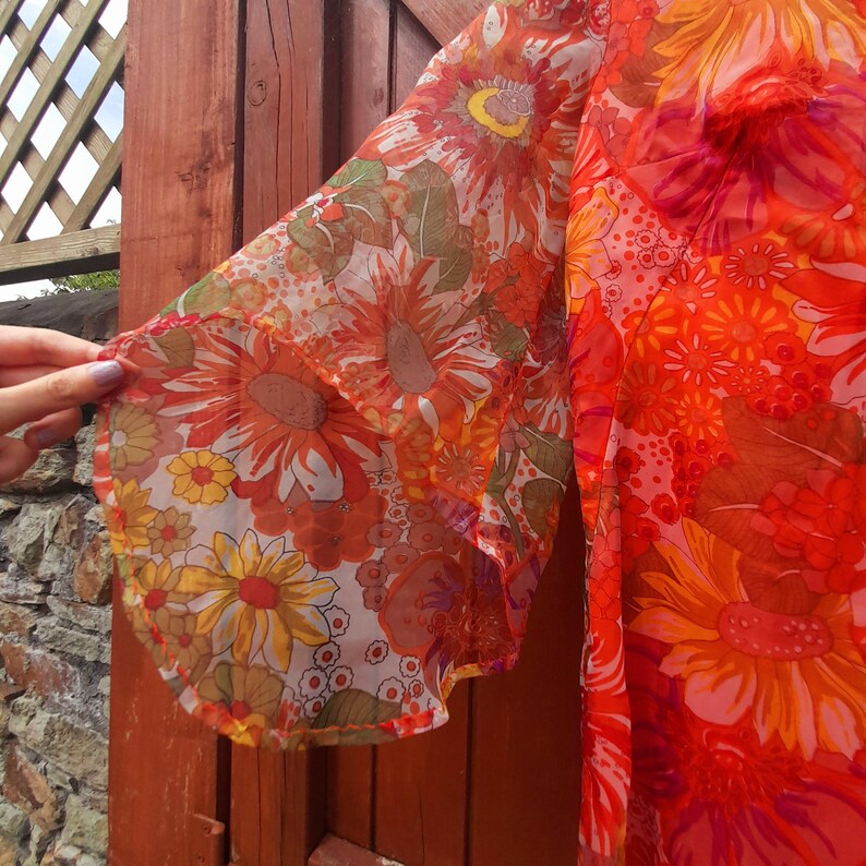 Vintage 1960s Handsewn Floral Floaty Wing Sleeve Chiffon Midi Dress