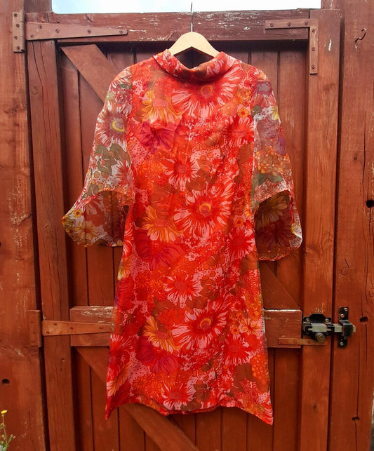 Vintage 1960s Handsewn Floral Floaty Wing Sleeve Chiffon Midi Dress