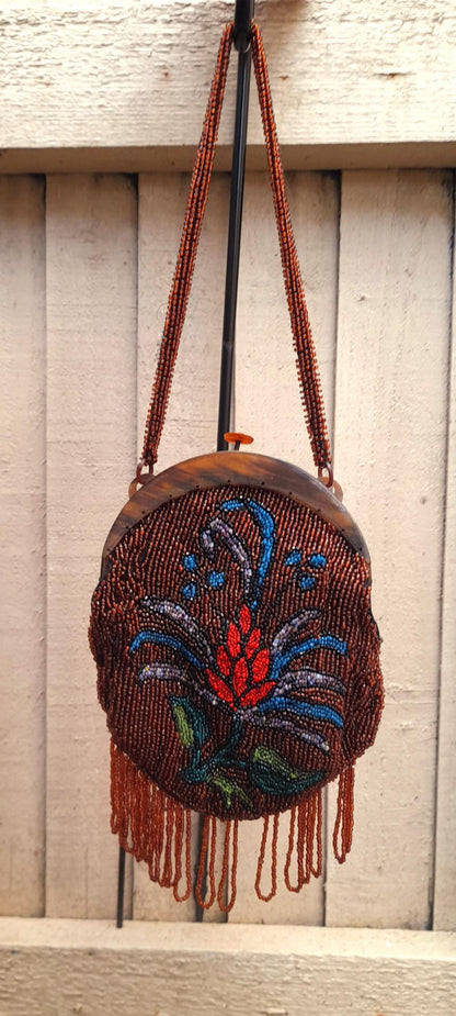 Restored Antique 1930s Multicoloured Flower Glass Beaded Clasp Bag
