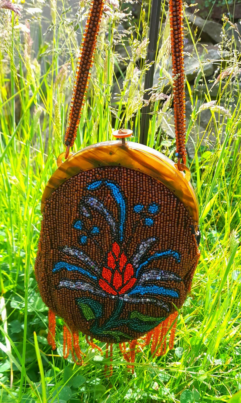 Restored Antique 1930s Multicoloured Flower Glass Beaded Clasp Bag
