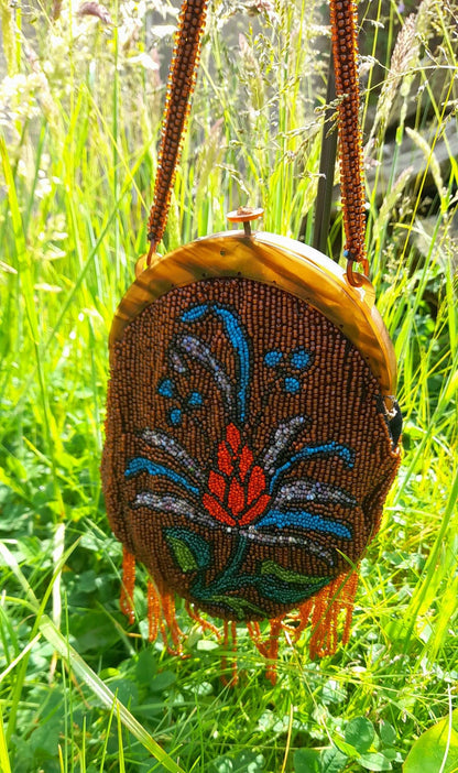 Restored Antique 1930s Multicoloured Flower Glass Beaded Clasp Bag