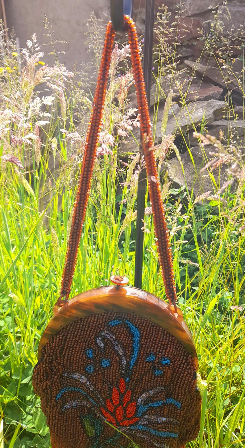 Restored Antique 1930s Multicoloured Flower Glass Beaded Clasp Bag
