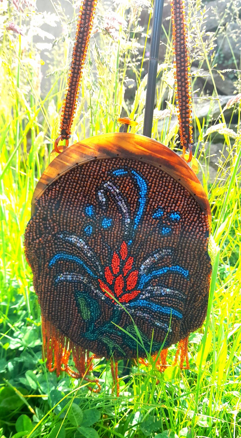 Restored Antique 1930s Multicoloured Flower Glass Beaded Clasp Bag