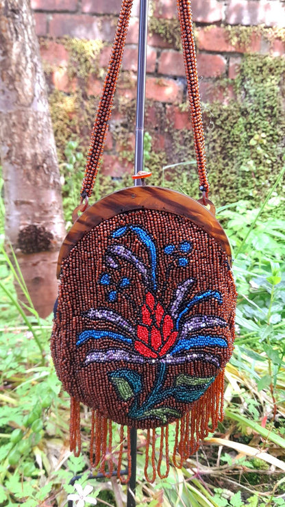 Restored Antique 1930s Multicoloured Flower Glass Beaded Clasp Bag