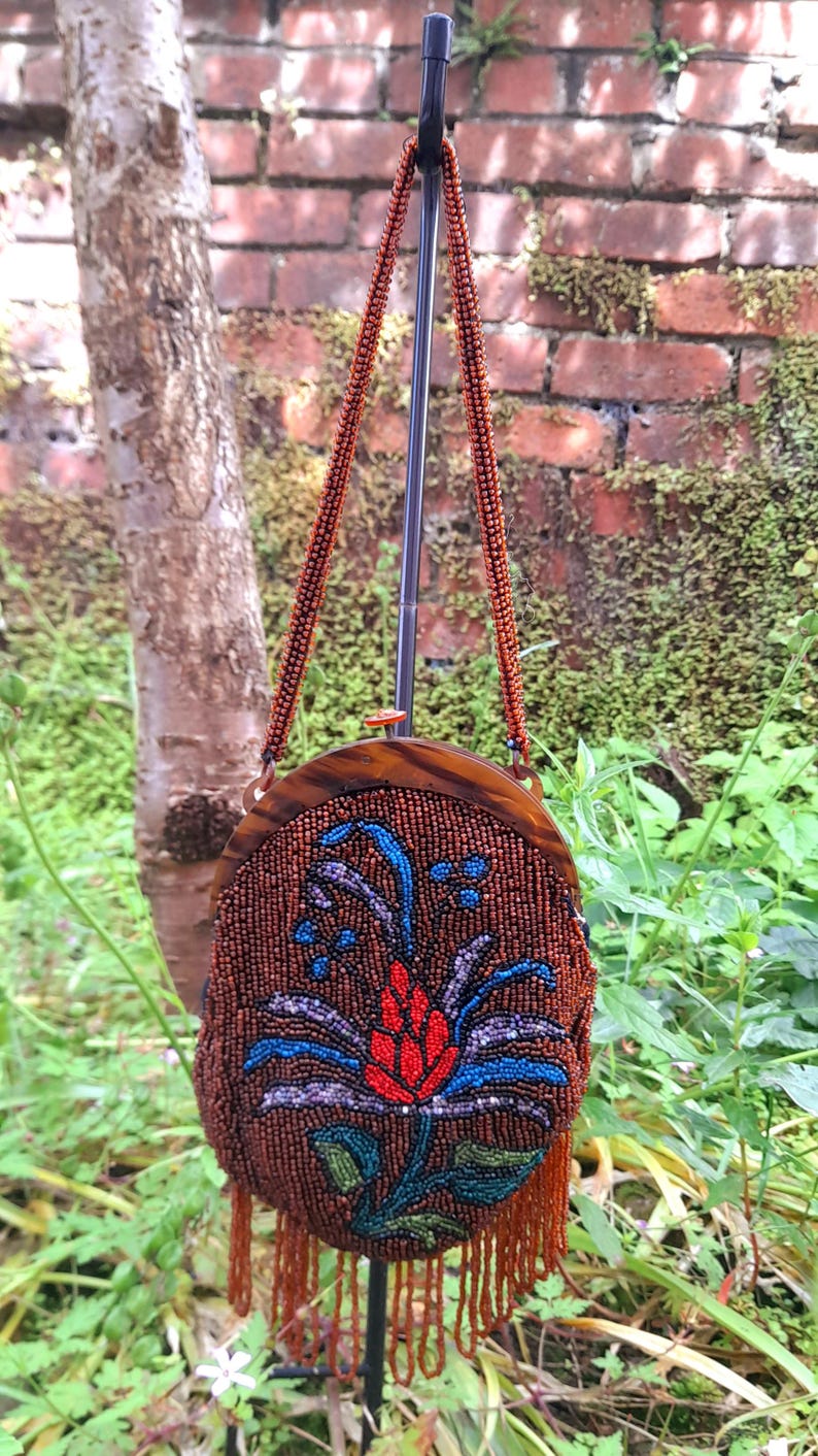 Restored Antique 1930s Multicoloured Flower Glass Beaded Clasp Bag