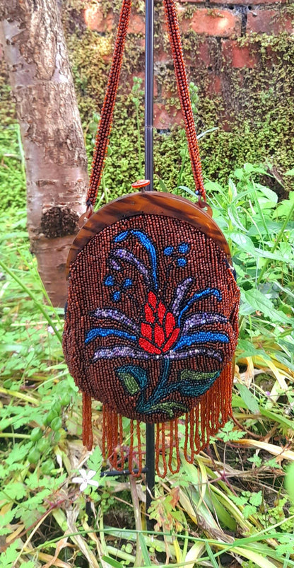 Restored Antique 1930s Multicoloured Flower Glass Beaded Clasp Bag