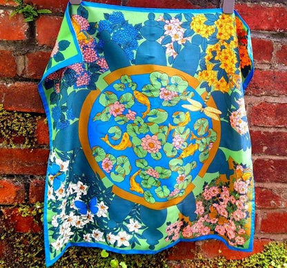 Vintage 70s Courful Fish Pond Nature Print Silky Scarf
