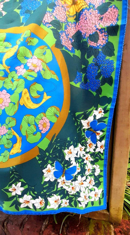 Vintage 70s Courful Fish Pond Nature Print Silky Scarf