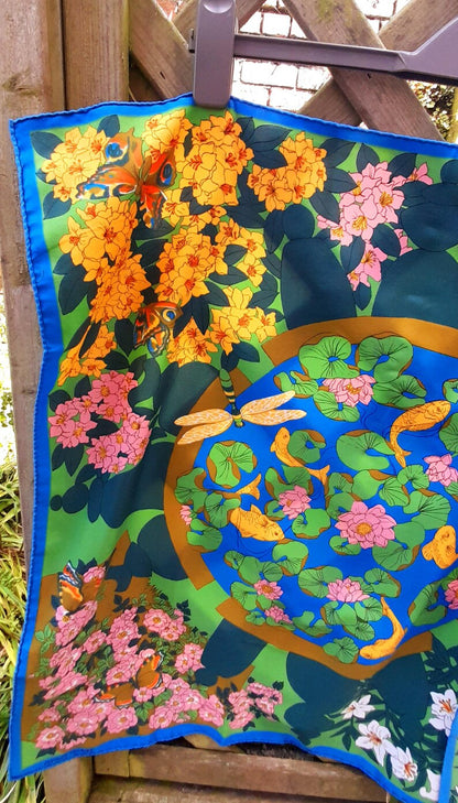 Vintage 70s Courful Fish Pond Nature Print Silky Scarf