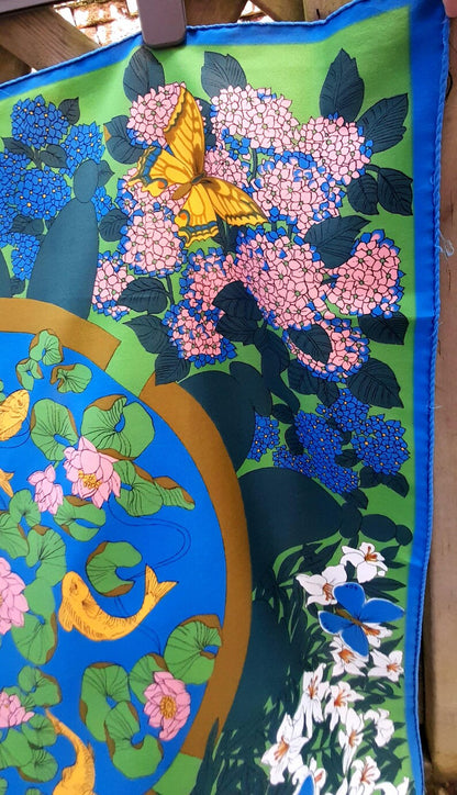 Vintage 70s Courful Fish Pond Nature Print Silky Scarf