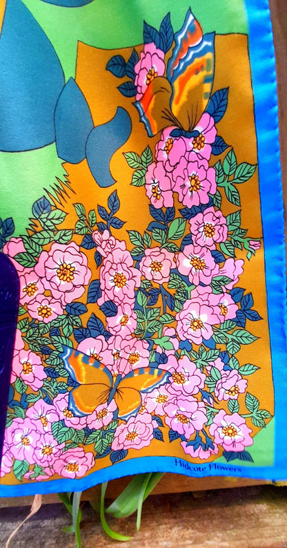 Vintage 70s Courful Fish Pond Nature Print Silky Scarf