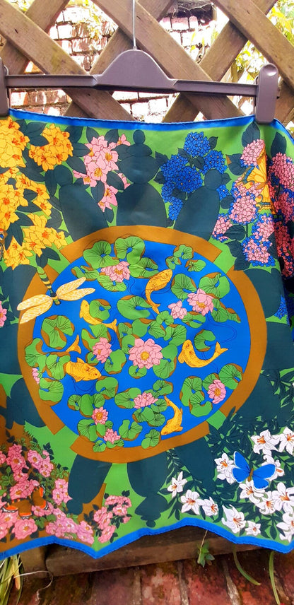 Vintage 70s Courful Fish Pond Nature Print Silky Scarf
