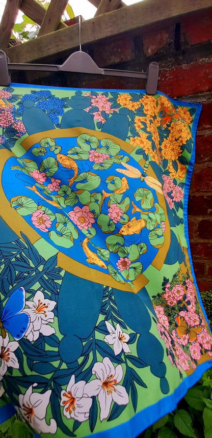 Vintage 70s Courful Fish Pond Nature Print Silky Scarf