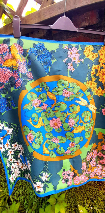 Vintage 70s Courful Fish Pond Nature Print Silky Scarf
