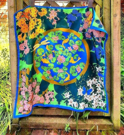 Vintage 70s Courful Fish Pond Nature Print Silky Scarf