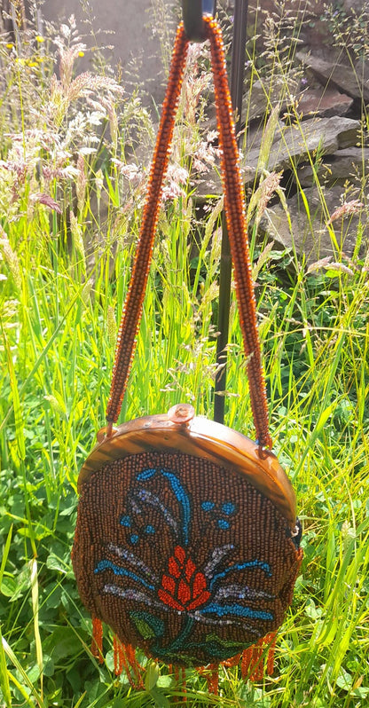 Restored Antique 1930s Multicoloured Flower Glass Beaded Clasp Bag