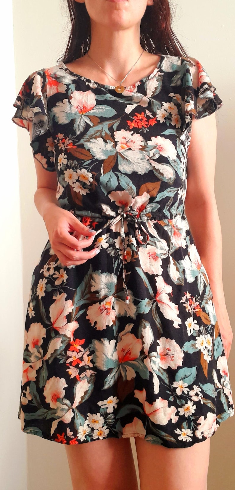 Vintage 80s Black Tropical Flower Viscose Drawstring Dress