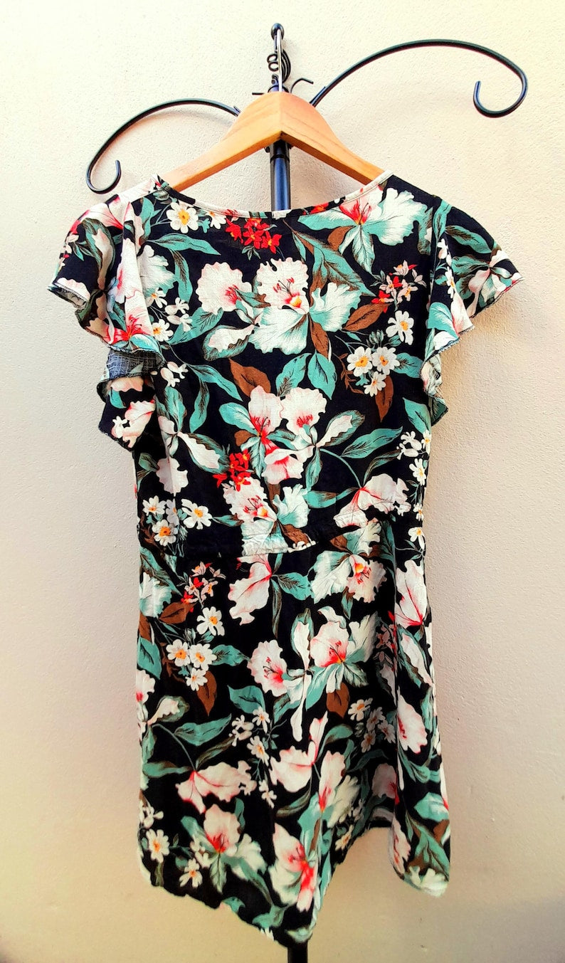 Vintage 80s Black Tropical Flower Viscose Drawstring Dress
