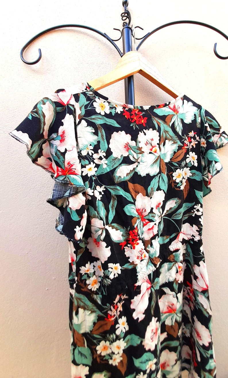 Vintage 80s Black Tropical Flower Viscose Drawstring Dress