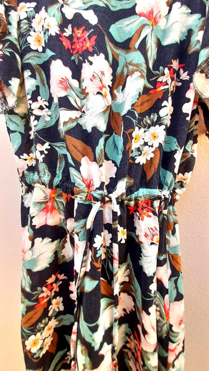 Vintage 80s Black Tropical Flower Viscose Drawstring Dress