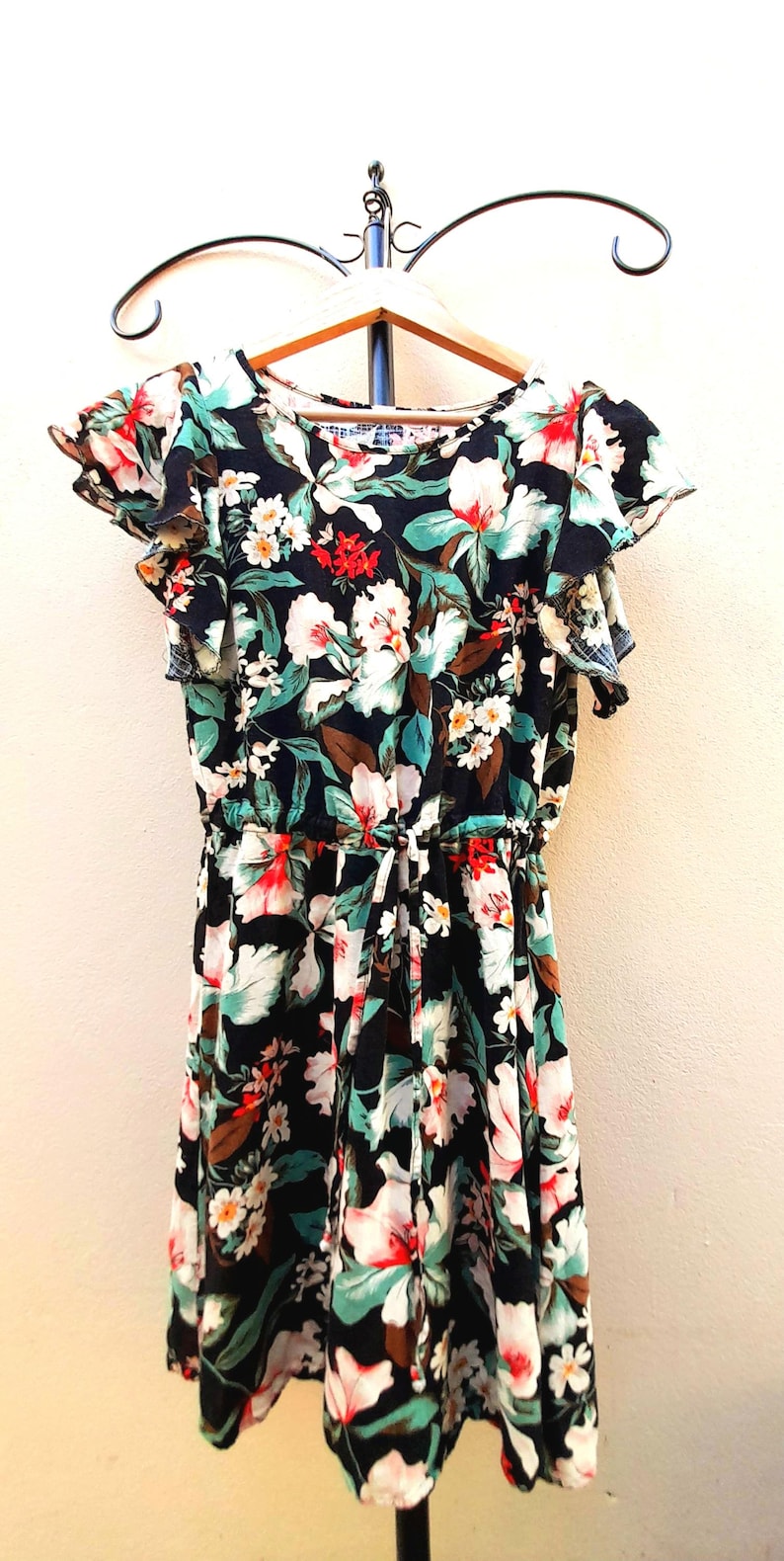 Vintage 80s Black Tropical Flower Viscose Drawstring Dress