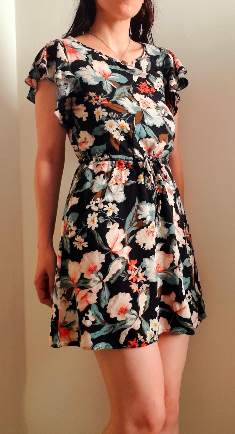 Vintage 80s Black Tropical Flower Viscose Drawstring Dress