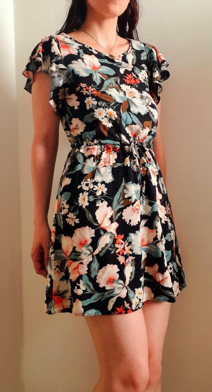 Vintage 80s Black Tropical Flower Viscose Drawstring Dress