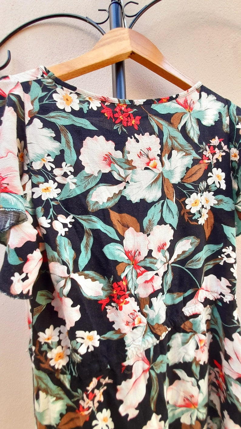 Vintage 80s Black Tropical Flower Viscose Drawstring Dress