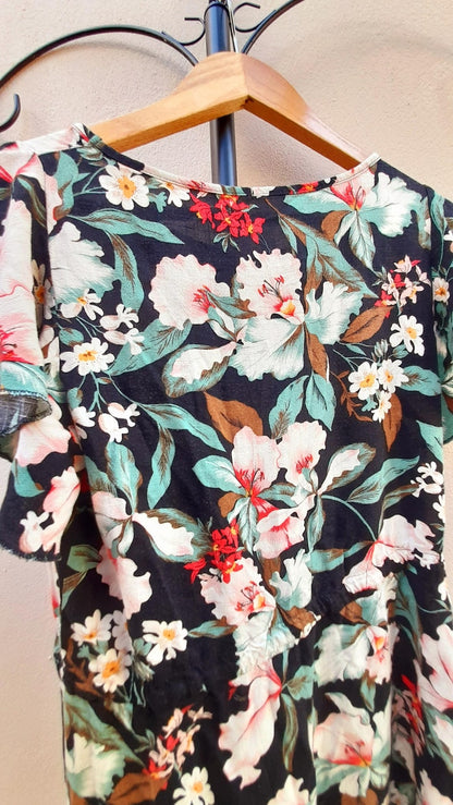 Vintage 80s Black Tropical Flower Viscose Drawstring Dress