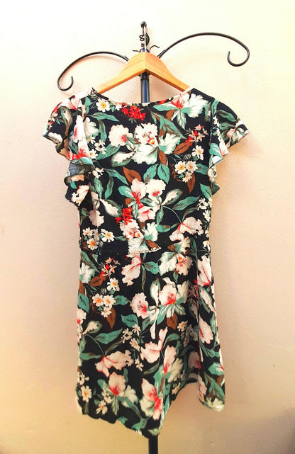 Vintage 80s Black Tropical Flower Viscose Drawstring Dress