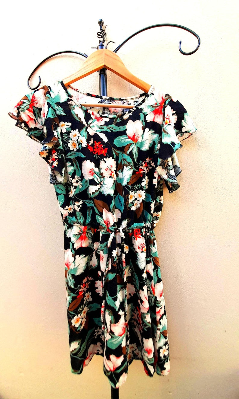 Vintage 80s Black Tropical Flower Viscose Drawstring Dress